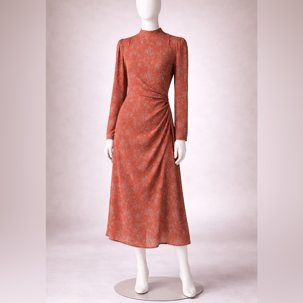 Rust Floral Long Sleeve Midi Dress – High Neck Elegant Day Dress